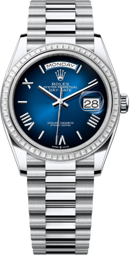 Rolex Day-Date 36 36mm Blue Ombré Roman Dial Diamond-Set Bezel President Bracelet - 128396TBR