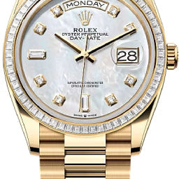 Rolex Day-Date 36 36mm White MOP Diamond Dial Diamond-Set Bezel President Bracelet - 128398TBR