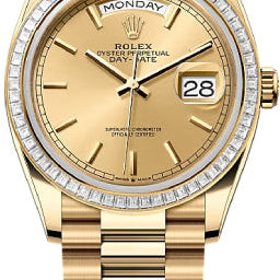 Rolex Day-Date 36 36mm Champagne Stick Dial Diamond-Set Bezel President Bracelet - 128398TBR