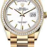 Rolex Day-Date 36 36mm White Stick Dial Diamond-Set Bezel President Bracelet - 128398TBR