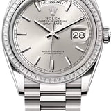 Rolex Day-Date 36 36mm Silver Stick Dial Diamond-Set Bezel President Bracelet - 128399TBR