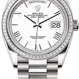 Rolex Day-Date 36 36mm White Roman Dial Diamond-Set Bezel President Bracelet - 128399TBR