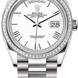 Rolex Day-Date 36 36mm White Roman Dial Diamond-Set Bezel President Bracelet - 128399TBR