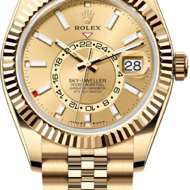 Rolex Sky-Dweller Yellow Gold 42mm Champagne Dial Fluted Bezel Jubilee Bracelet - 336938