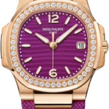 Patek Philippe Nautilus Date Sweep Seconds Quartz Rose Gold/Diamonds Lacquered Purple Dial Fabric Strap | 7010R-013